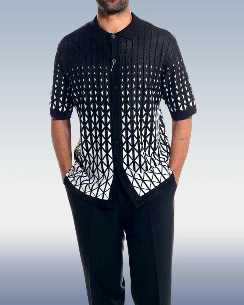 Black Criss Cross Pattern Walking Suit Short Sleeve Set