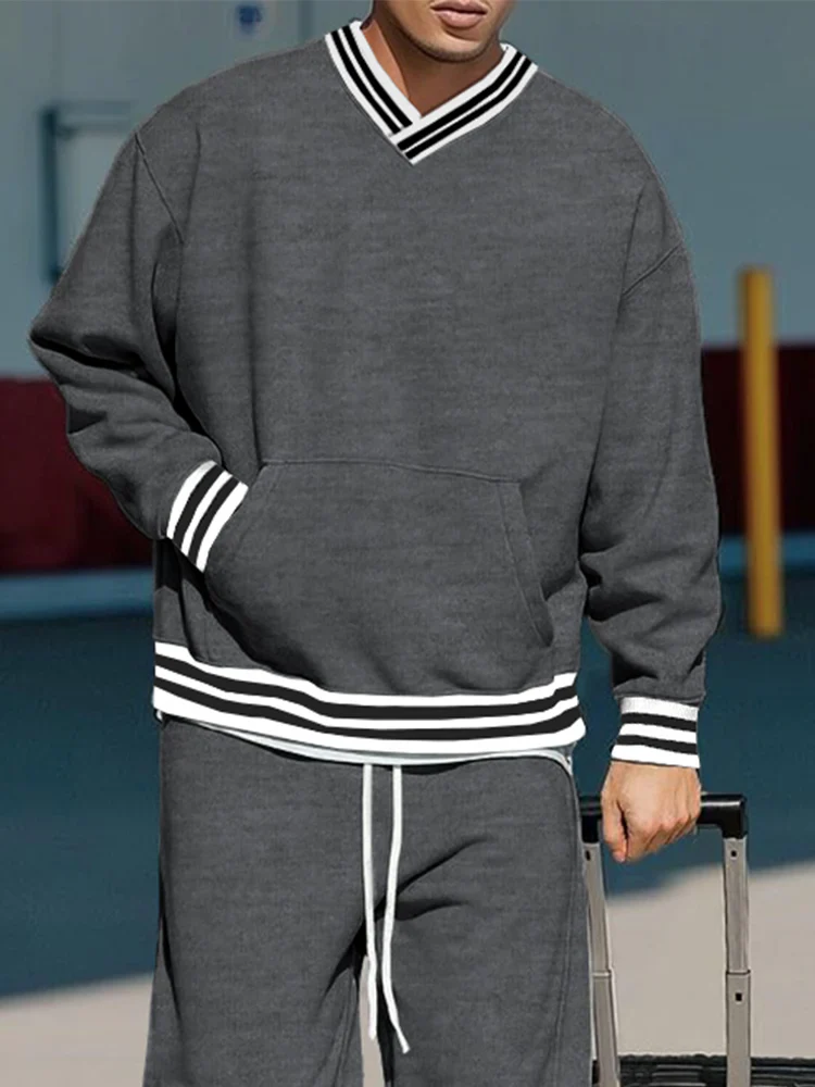 Casual Contrast Ribbed Sweatshirt Pants Set - Image 3