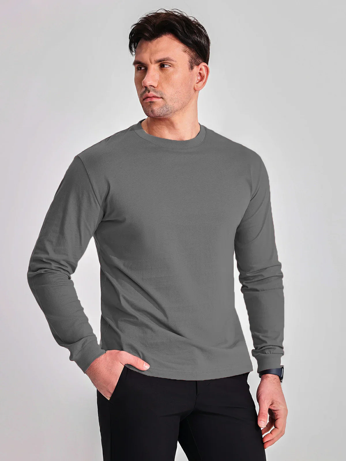 Crew neck Long Sleeve Cotton T-Shirt - Image 17