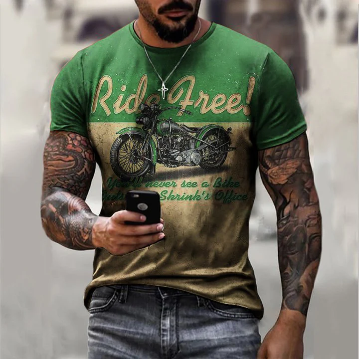 Fashion Motorcycle Print Casual T-Shirt - Image 5