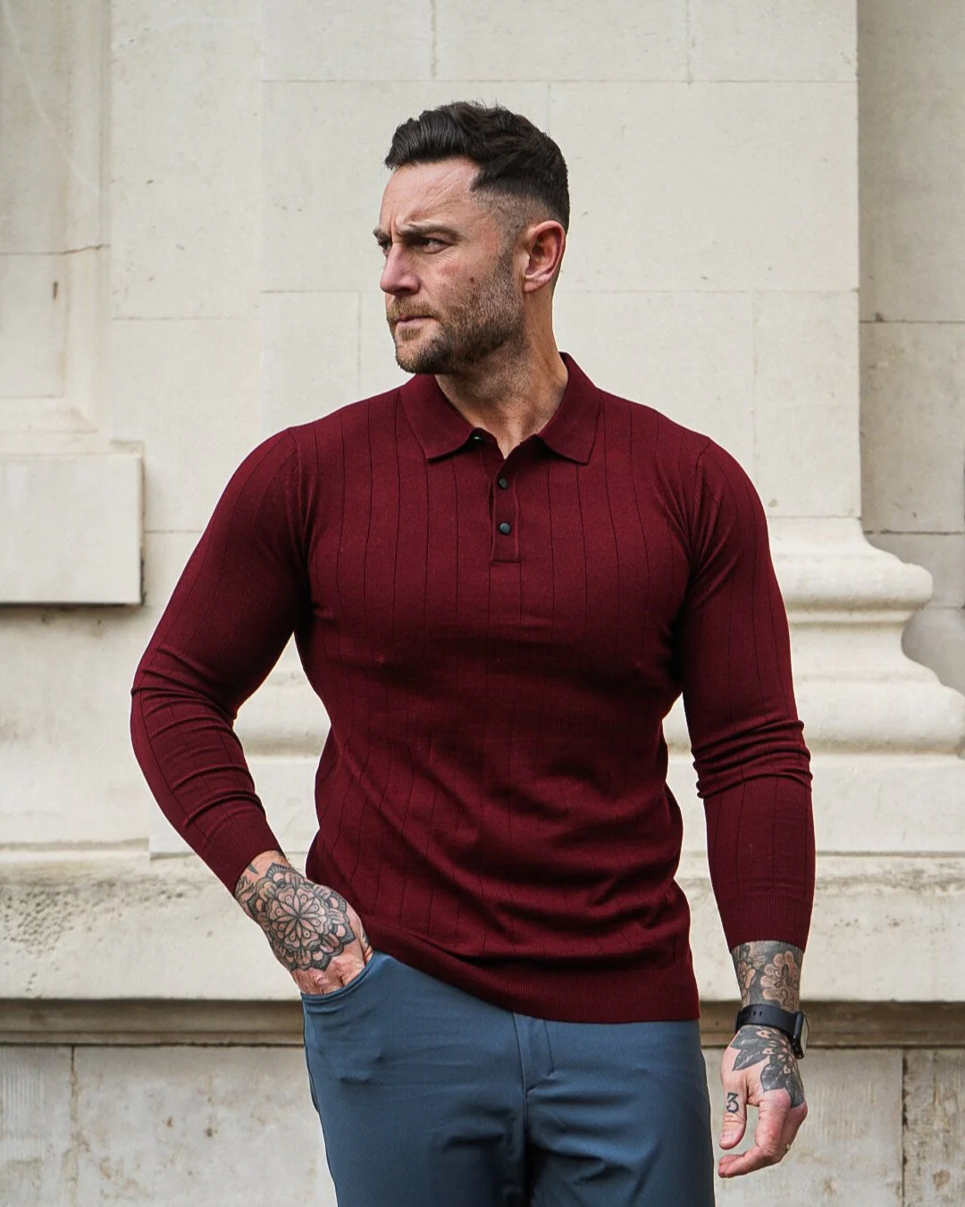 Henley Vertical Pattern Wool Blend Sweater - Image 13