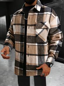 Homme  Plaid Print Flap Pocket Drop Shoulder Jacket - Image 6