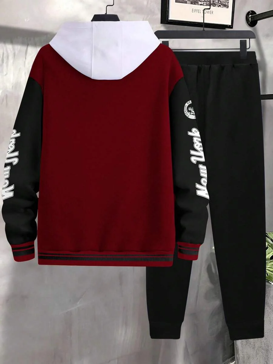 Homme Color Block Hooded Jacket With Drawstring Waistband Joggers, 2pcs/set - Image 8