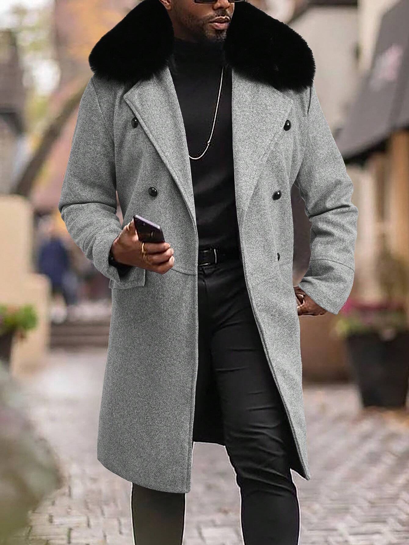 Homme  Woolen Coat With Double Breasted Buttons And Shearling Collar - Image 6