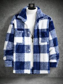Buffalo Plaid Print Pocket Patched Teddy Shacket - Image 8