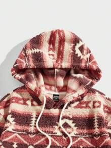 Geo Print Drawstring Flannel Hoodie - Image 3