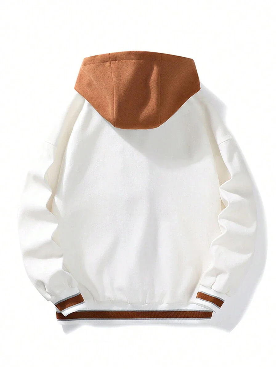 Plus Embroidery Letter Pattern Striped Trim Drawstring Hooded Jacket - Image 7