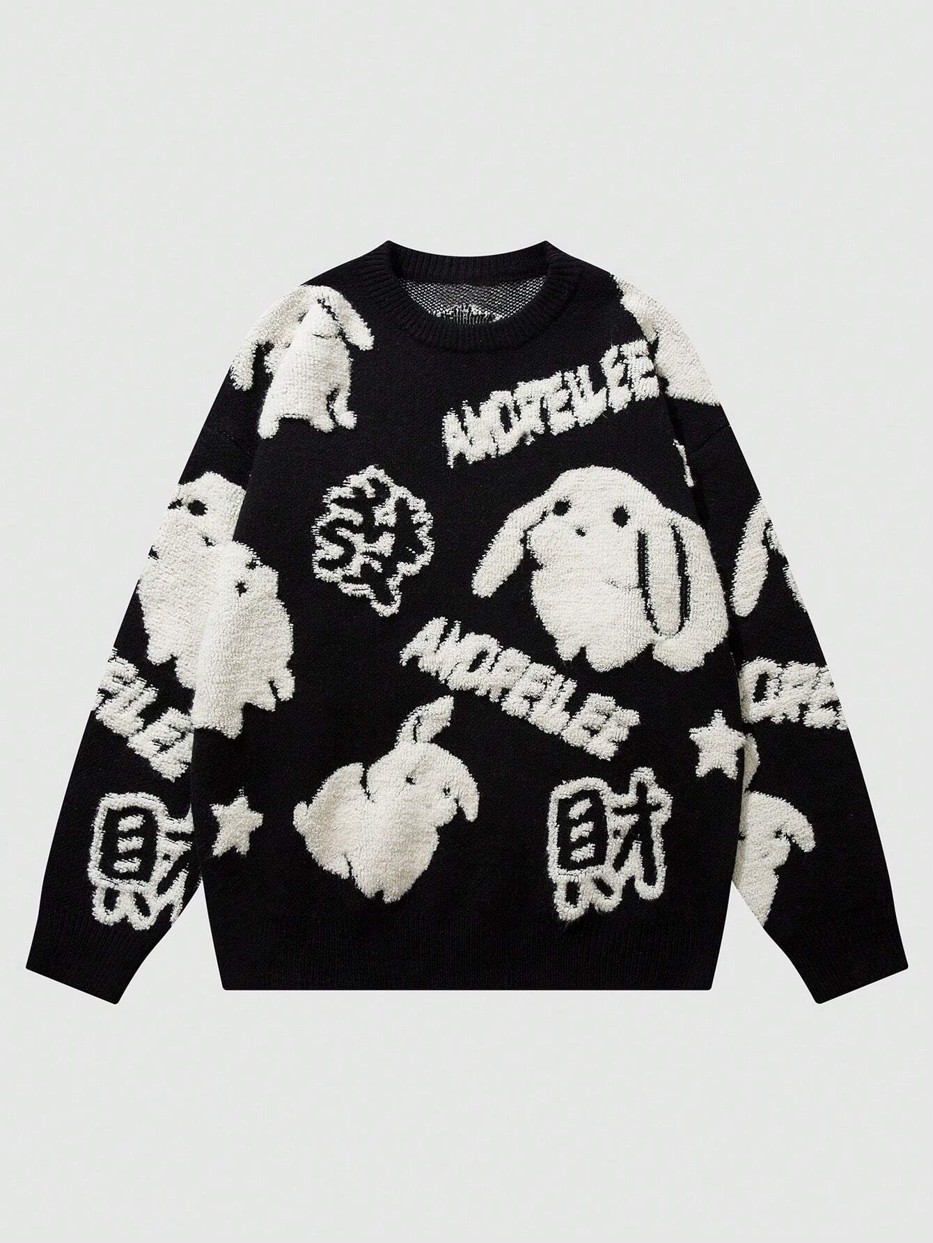 Rabbit & Letter Pattern Drop Shoulder Sweater