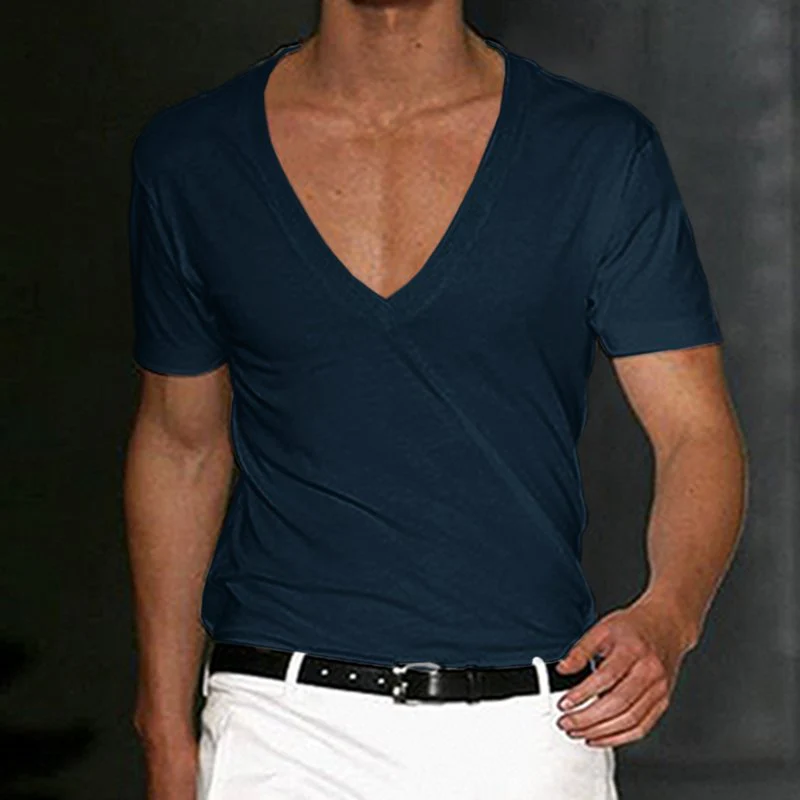 Basic White Deep V-Neck Cotton Short Sleeve T-Shirt - Image 4