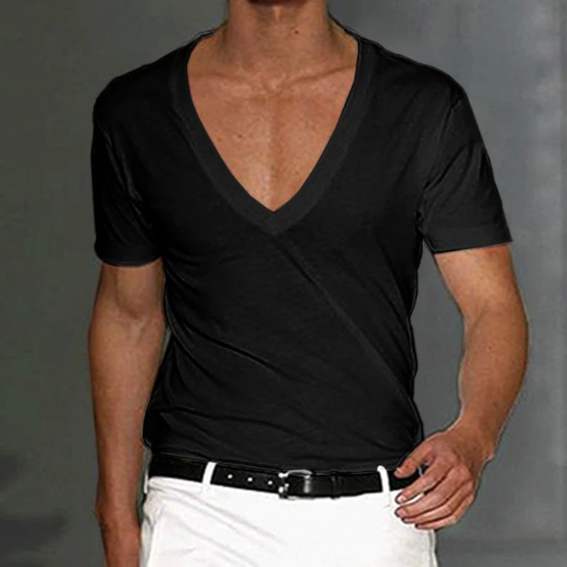 Basic White Deep V-Neck Cotton Short Sleeve T-Shirt - Image 5