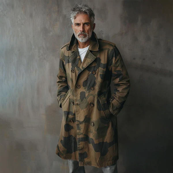 Camouflage Lapel Double Breasted Mid-length Cargo Trench Coat - Image 3