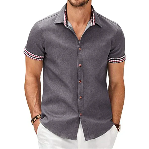 Casual Check Print Stitching Lapel Short Sleeve Shirt - Image 3