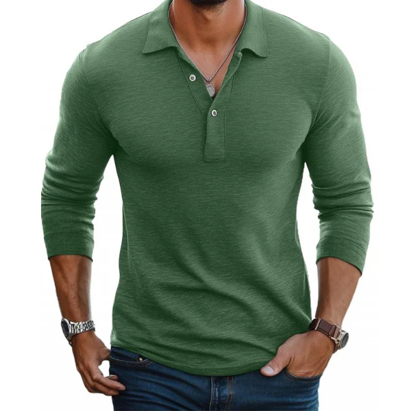 Casual Cotton Blend Lapel Slim Fit Long Sleeve Polo Shirt - Image 8