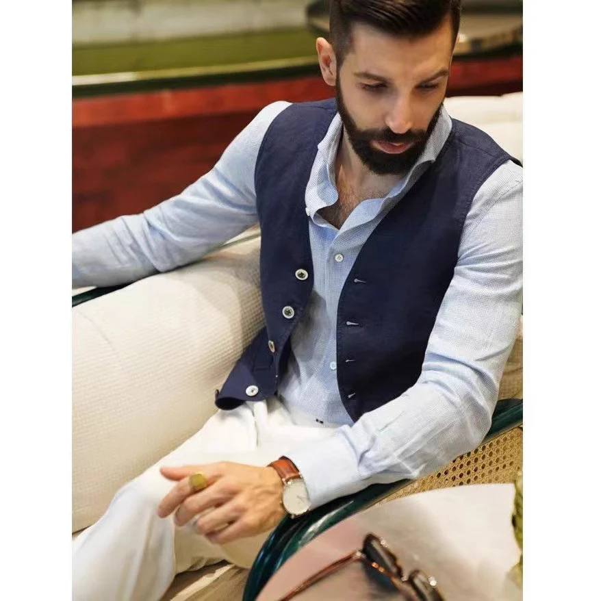 Casual Cotton Linen V-neck Single-breasted Patch Pockets Vest - Image 3