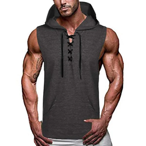 Casual Hooded Solid Color Lace-Up Tank Top - Image 3