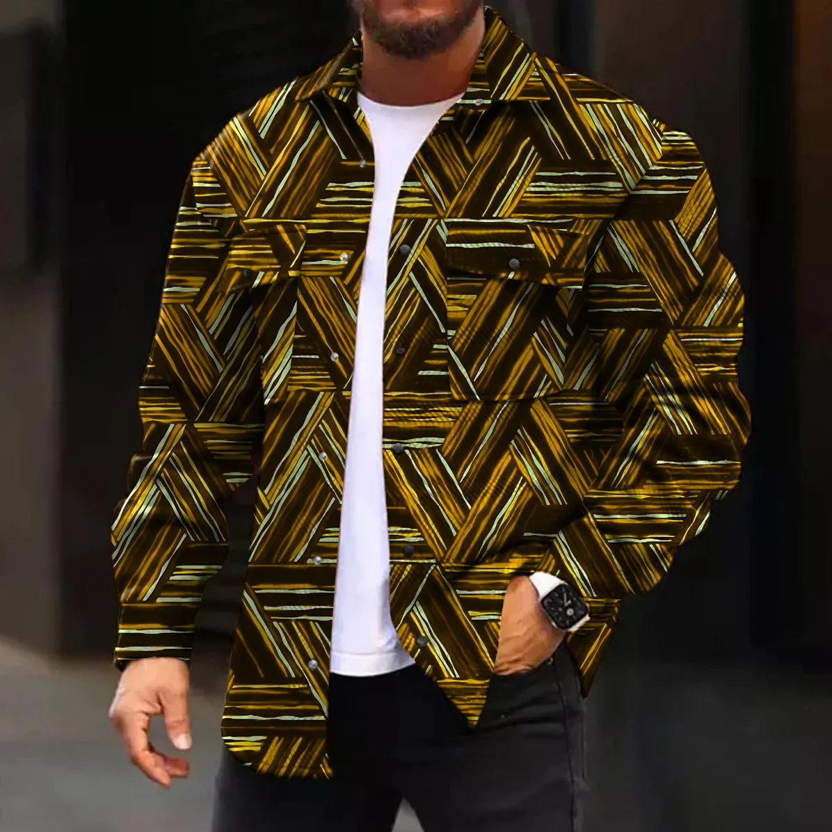 Casual Jacket Fashion Abstract Pattern Printed Long Sleeve Pocket Jacket - Image 6