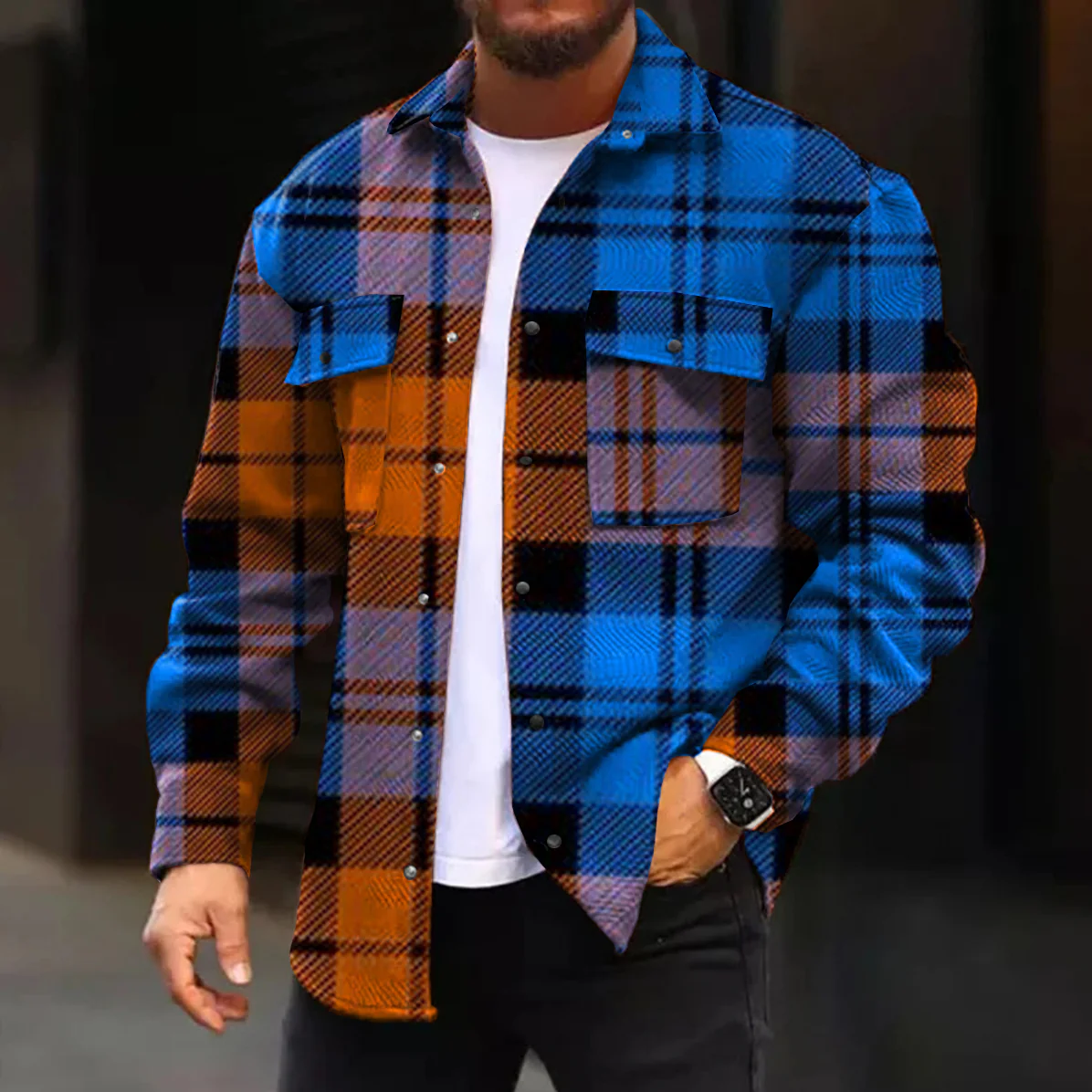 Casual Jacket Fashion Art Gradient Plaid Printed Long Sleeve Pocket Jacket - Image 2