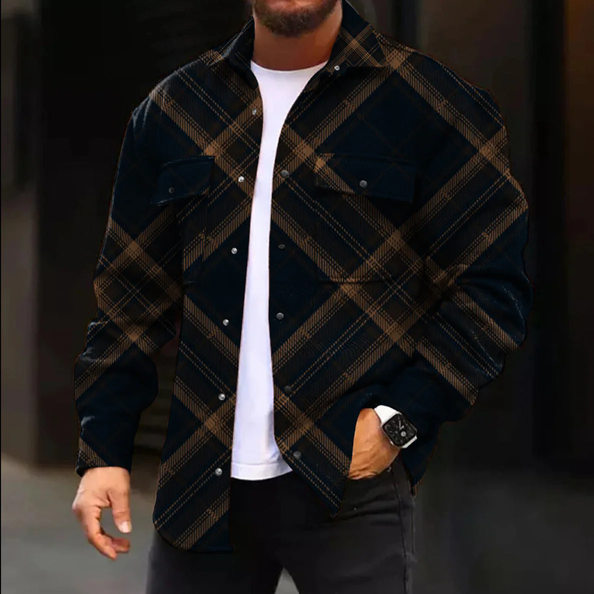 Casual Jacket Fashion Brown Check Blue Print Long Sleeve Pocket Jacket - Image 2
