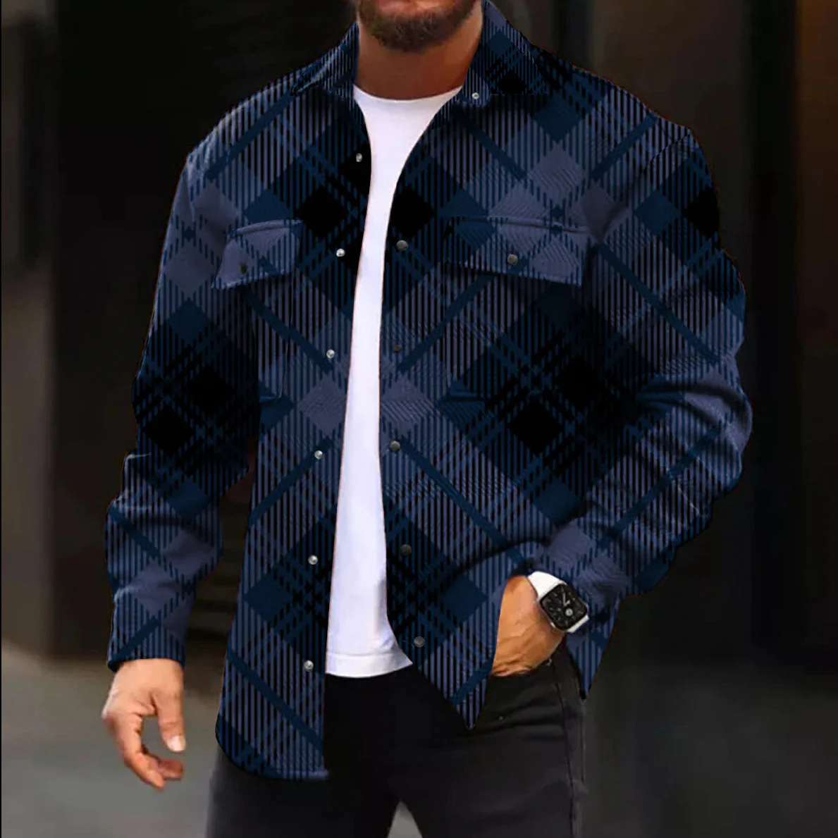 Casual Jacket Fashion Check Print Long Sleeve Pocket Jacket - Image 2