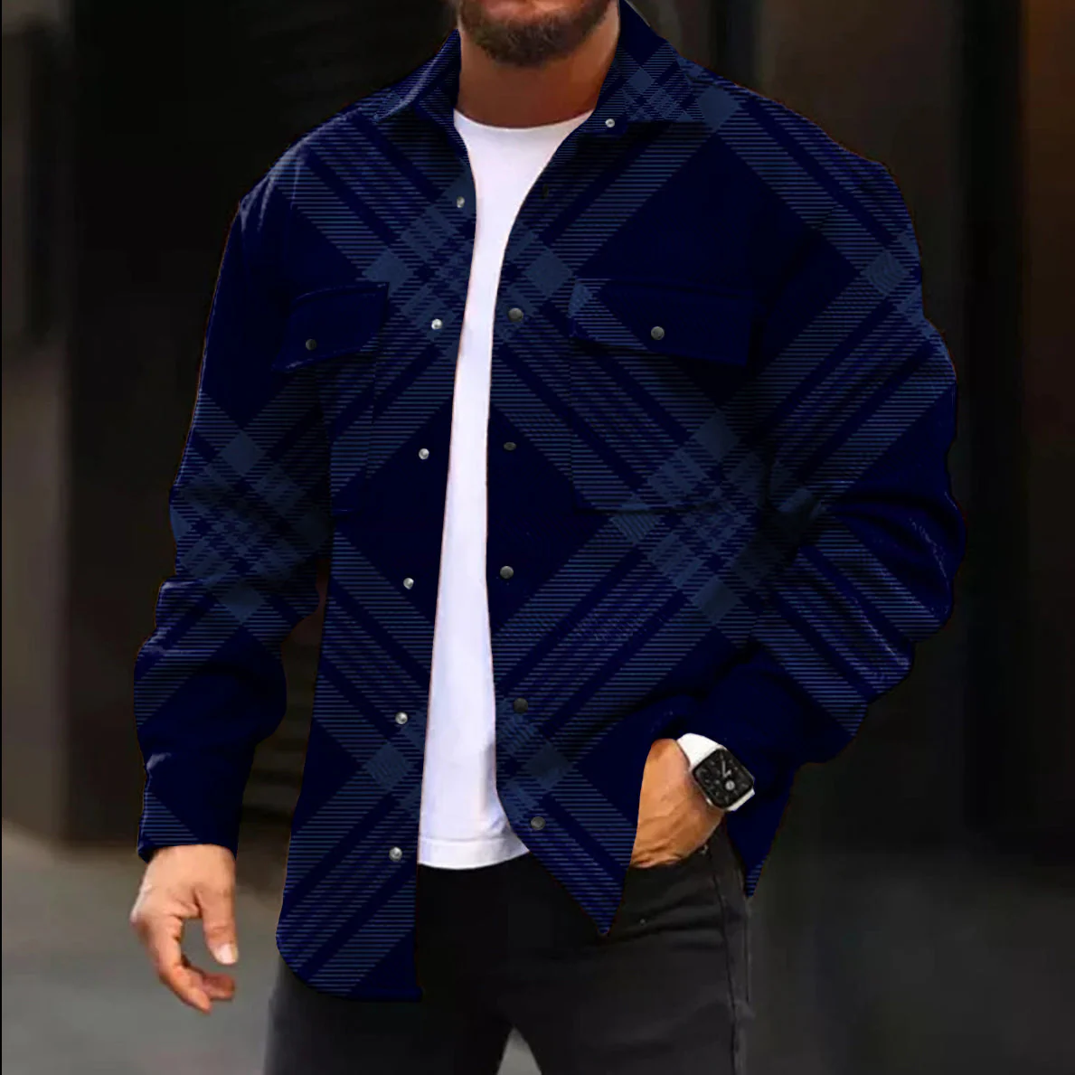 Casual Jacket Fashion Check Print Long Sleeve Pocket Jacket - Image 3
