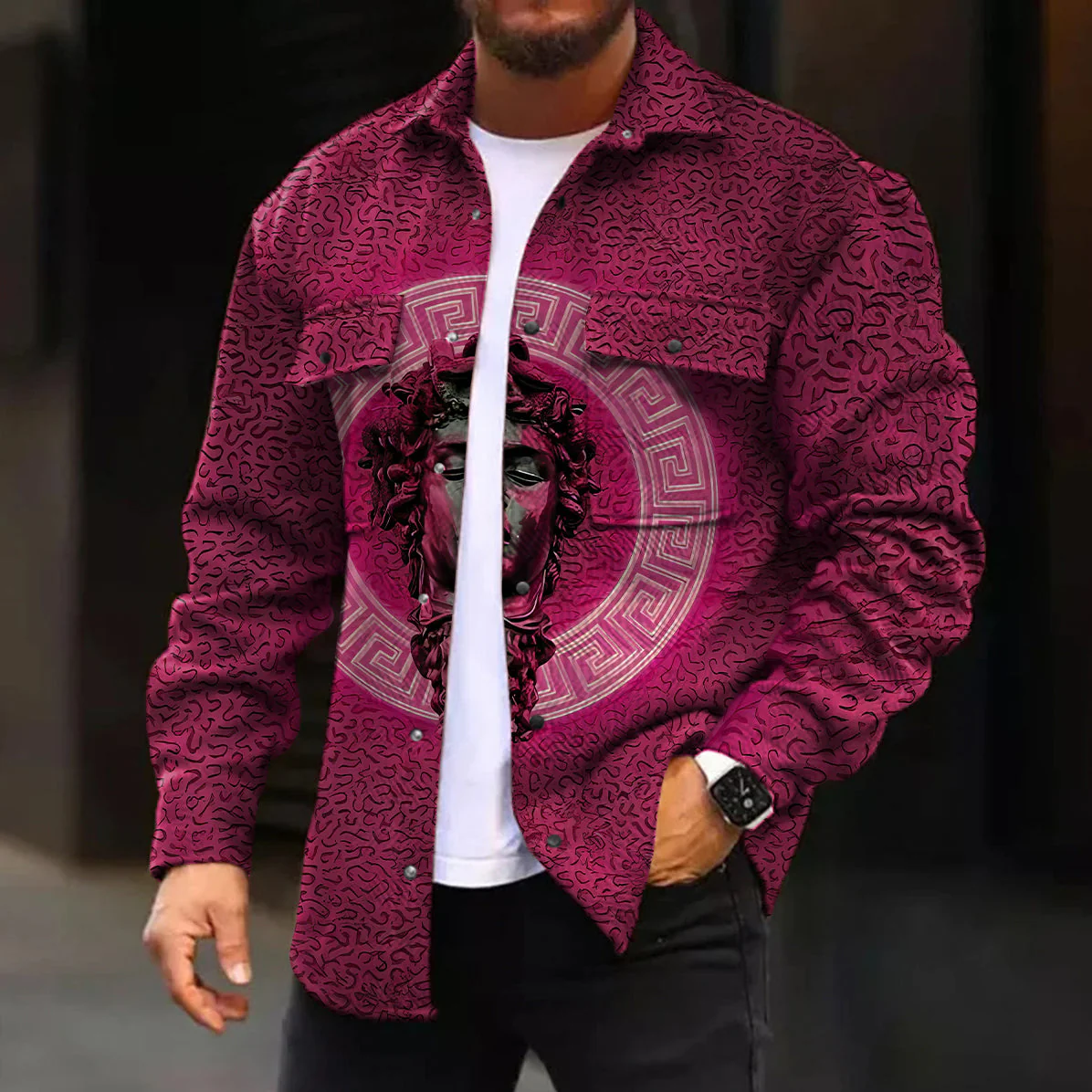 Casual Jacket Fashion Gradient Green Art Sculpture Pattern Printed Long Sleeve Pocket Jacket - Image 3