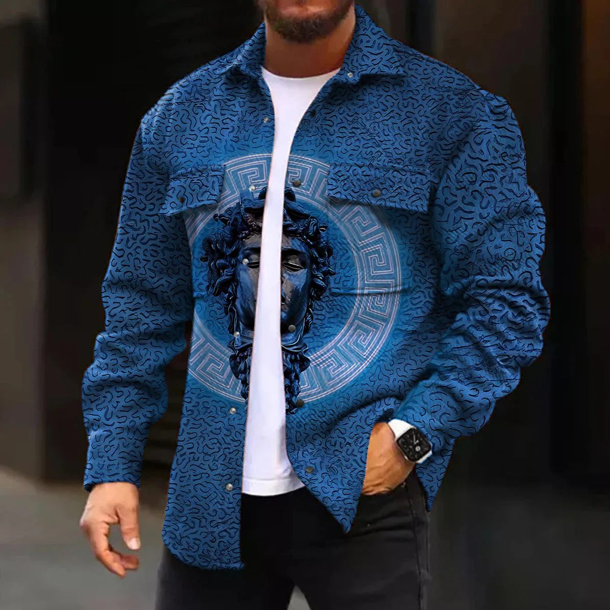 Casual Jacket Fashion Gradient Green Art Sculpture Pattern Printed Long Sleeve Pocket Jacket - Image 6
