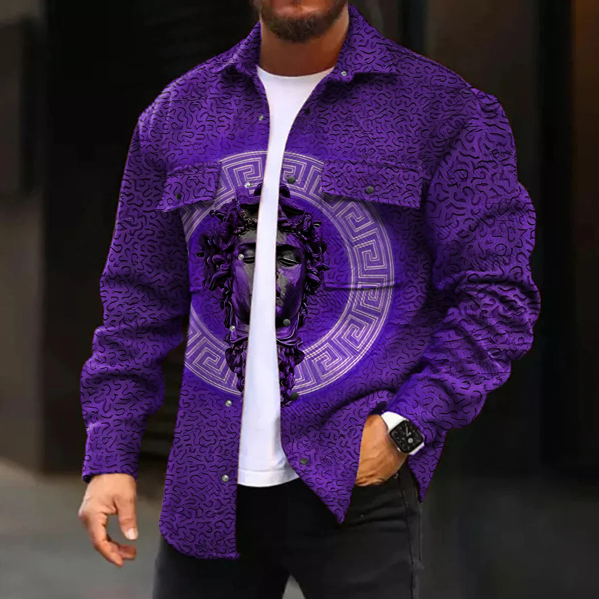 Casual Jacket Fashion Gradient Green Art Sculpture Pattern Printed Long Sleeve Pocket Jacket - Image 7