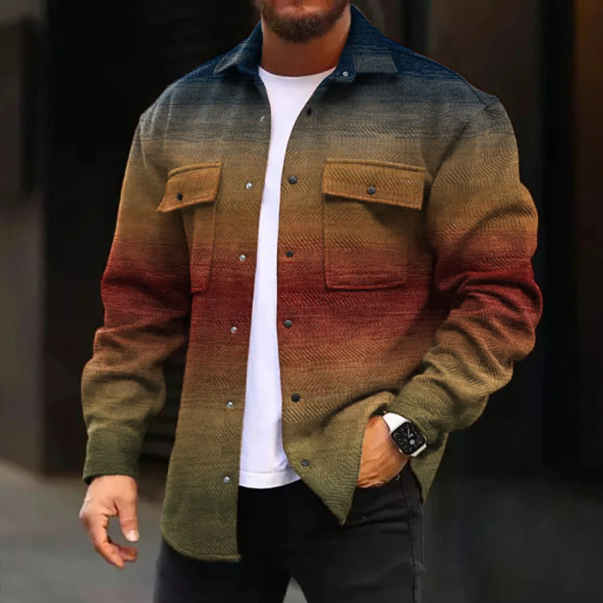 Casual Jacket Ombre Print Long Sleeve Pockets Jacket - Image 2