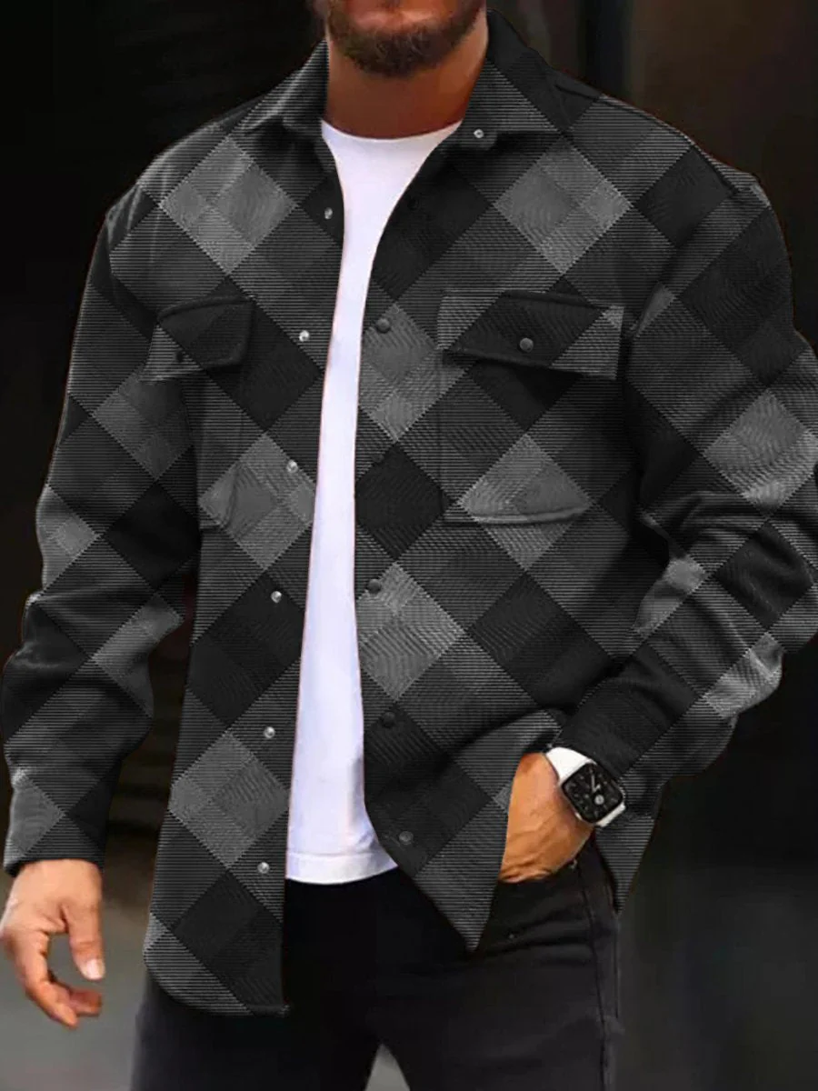 Casual Jacket Stylish Plaid Print Long Sleeve Pockets Jacket - Image 2
