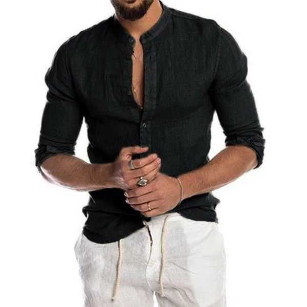 Casual Linen Shirt Band Collar Long Sleeve Button Down Shirt - Image 12
