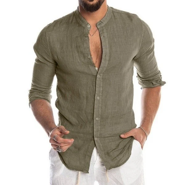 Casual Linen Shirt Band Collar Long Sleeve Button Down Shirt - Image 13