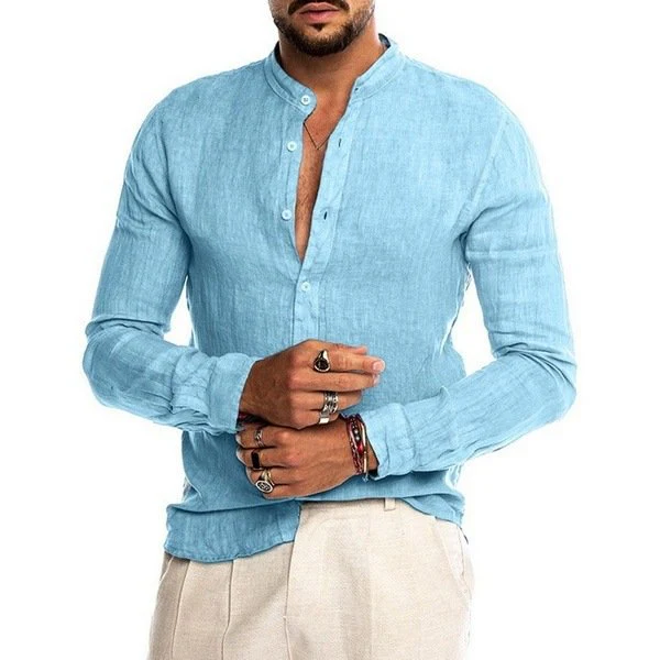 Casual Linen Shirt Band Collar Long Sleeve Button Down Shirt - Image 6