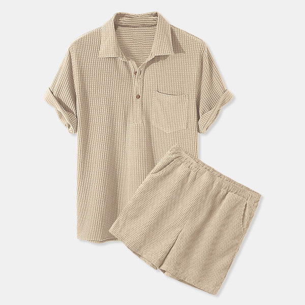 Casual Loose Waffle Short Sleeve Shorts Set - Image 4