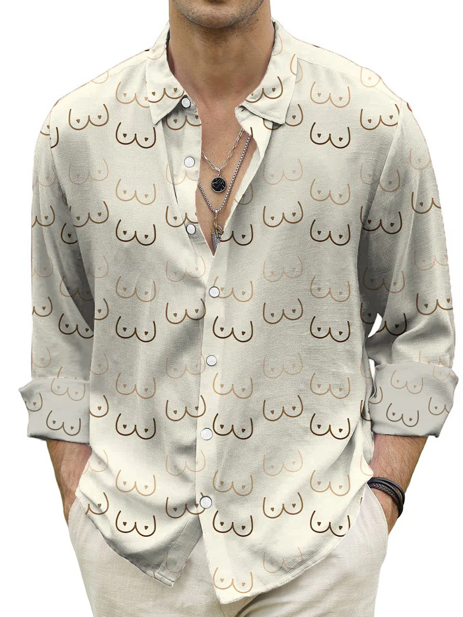 Casual Shirt Fun Sexy Boobs Print Turndown Long Sleeve Print Shirt