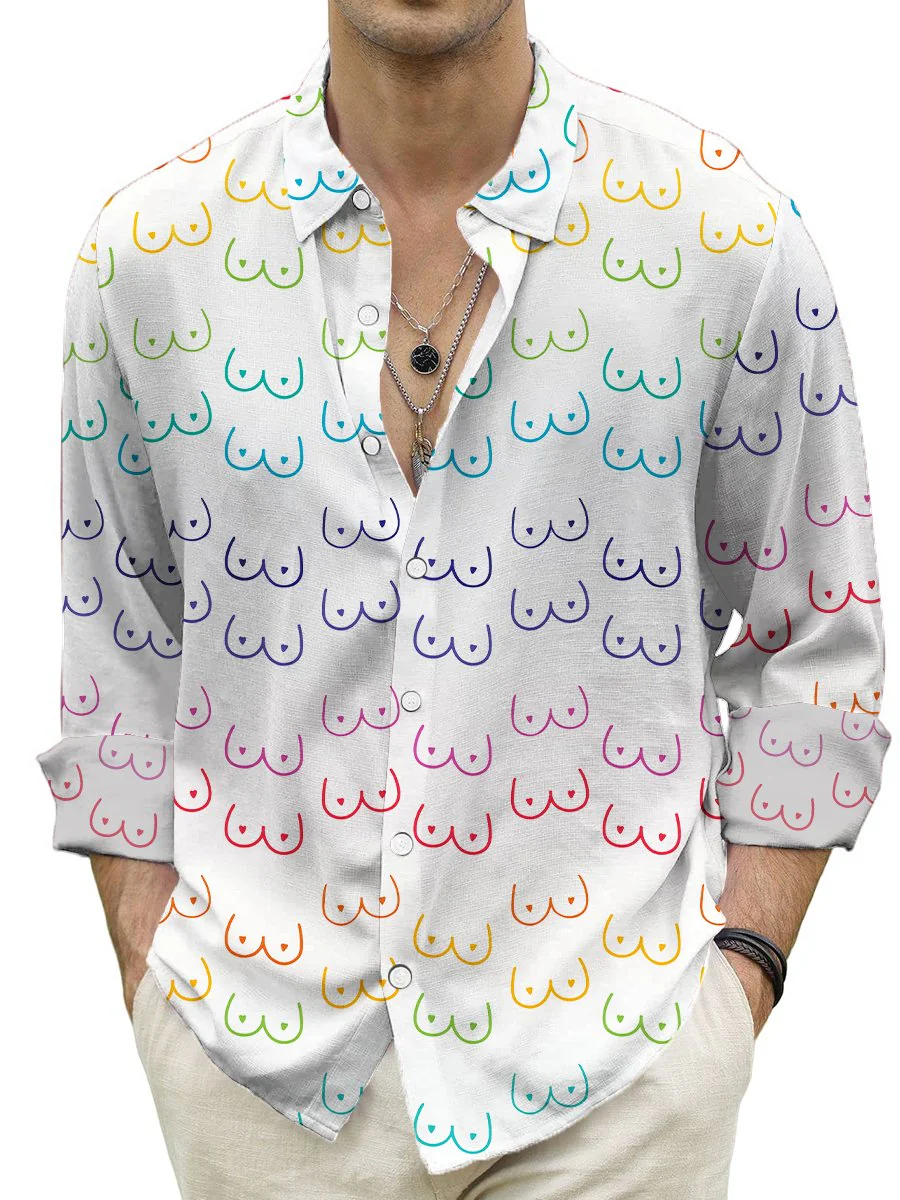 Casual Shirt Fun Sexy Boobs Print Turndown Long Sleeve Print Shirt - Image 2