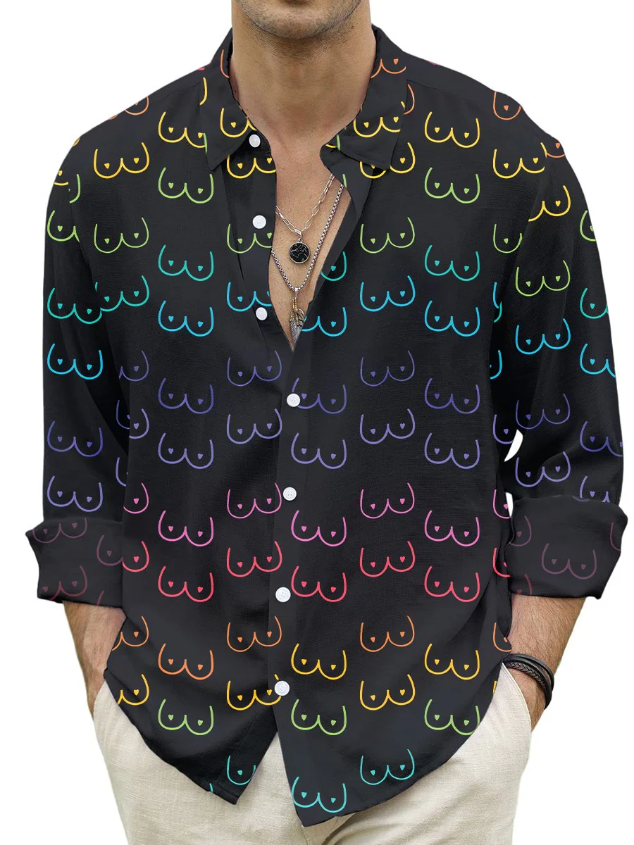 Casual Shirt Fun Sexy Boobs Print Turndown Long Sleeve Print Shirt - Image 3