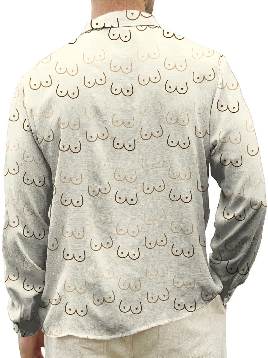 Casual Shirt Fun Sexy Boobs Print Turndown Long Sleeve Print Shirt - Image 4