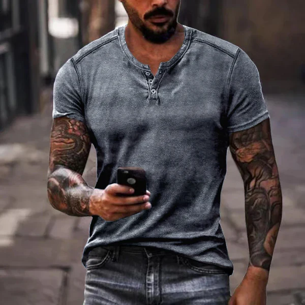 Casual Solid Color Henley Collar Short Sleeve T-Shirt - Image 3
