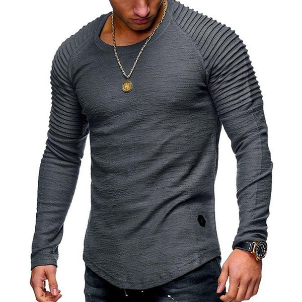 Casual Solid Color Pleated Stitching Round Neck Long Sleeve T-Shirt - Image 4
