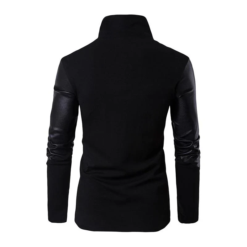 Casual Stand Collar Slim Knit Leather Panel Jacket - Image 3