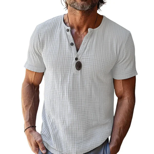 Casual Waffle Henley Neck Slim Fit Short Sleeve T-Shirt - Image 5