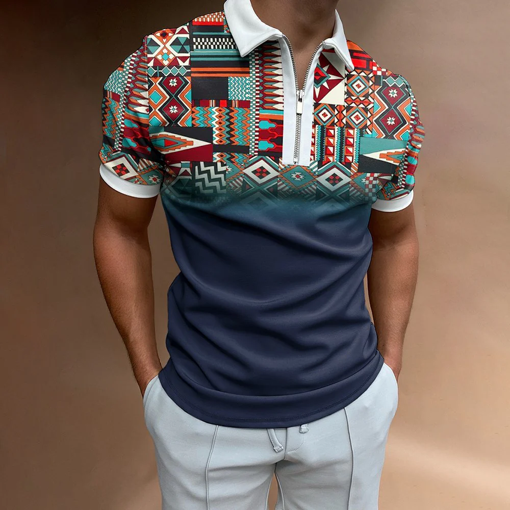Casual Western Ethnic Pattern Print Short Sleeve Zipper Polo Shirt - Image 3