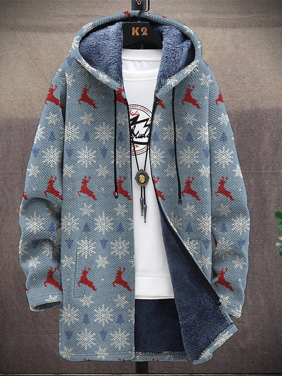 Christmas Elk Print Hooded Two-Pocket Fleece Cardigan Jacket