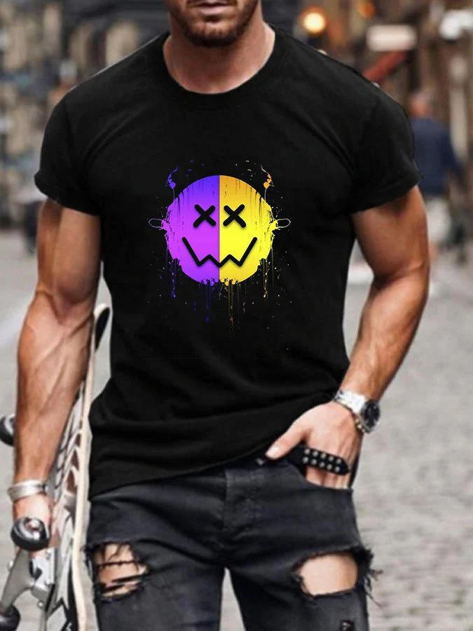 Fashion Casual Black Smiling Face Printed T-Shirt