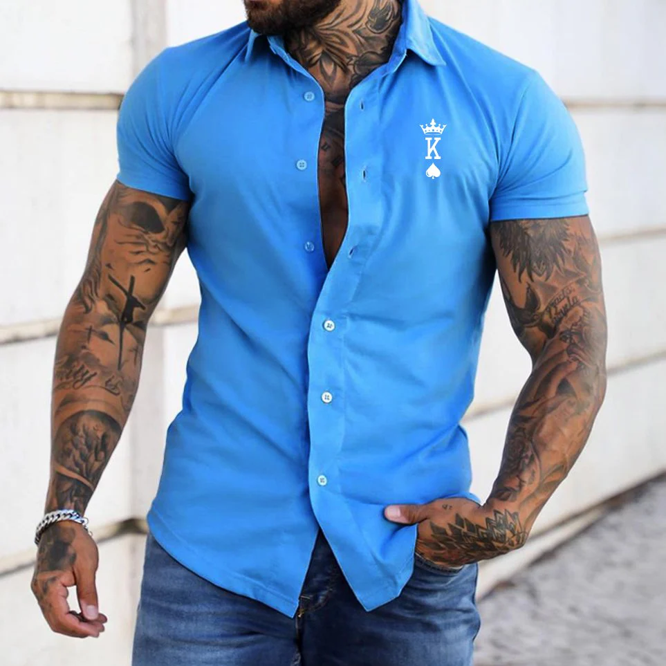 Fashion Crown Poker K Print Casual Slim Short Sleeve Shirt - Image 2