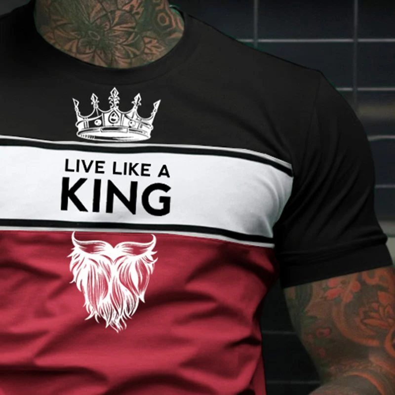 Fashion Live Like A King Print Color Matching Casual Slim Fit Short Sleeve T-Shirt - Image 3