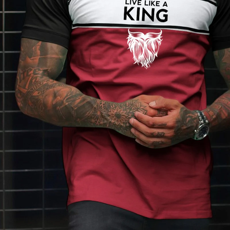 Fashion Live Like A King Print Color Matching Casual Slim Fit Short Sleeve T-Shirt - Image 4