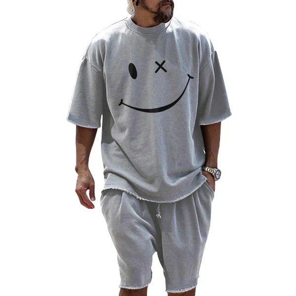 Fashion Loose Smiley Print Short Sleeve T-Shirt and Shorts Set - Image 2