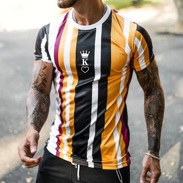Fashion Peach Heart KING Stripe Print Casual Short Sleeve T-Shirt - Image 2