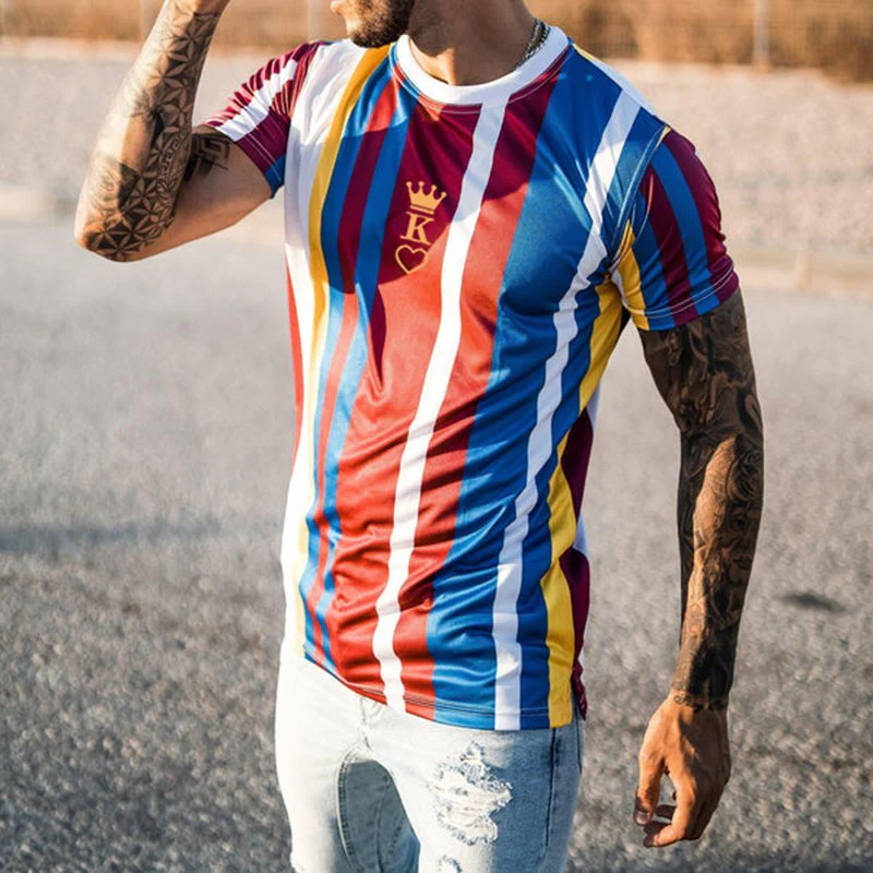Fashion Peach Heart KING Stripe Print Casual Short Sleeve T-Shirt - Image 5
